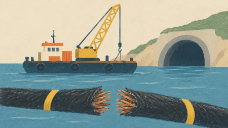 Barcaza parada ante un túnel submarino y un cable cortado, por el ciberataque a las obras.