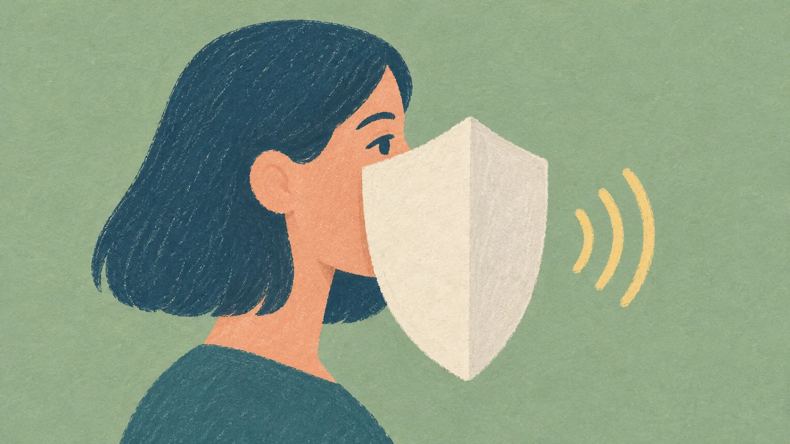 Un escudo de papel protege un rostro y una onda de voz frente a las imitaciones deepfake.