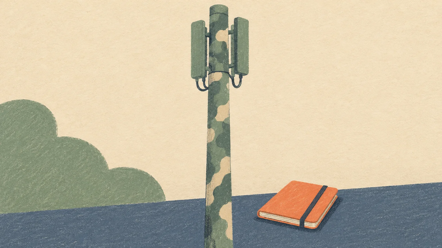 Una antena camuflada junto a una libreta simboliza la vigilancia mediante falsas torres móviles.