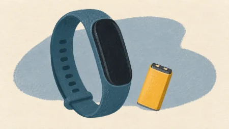 Pulsera de actividad junto a una batería extraíble, símbolo de su autonomía de una semana.