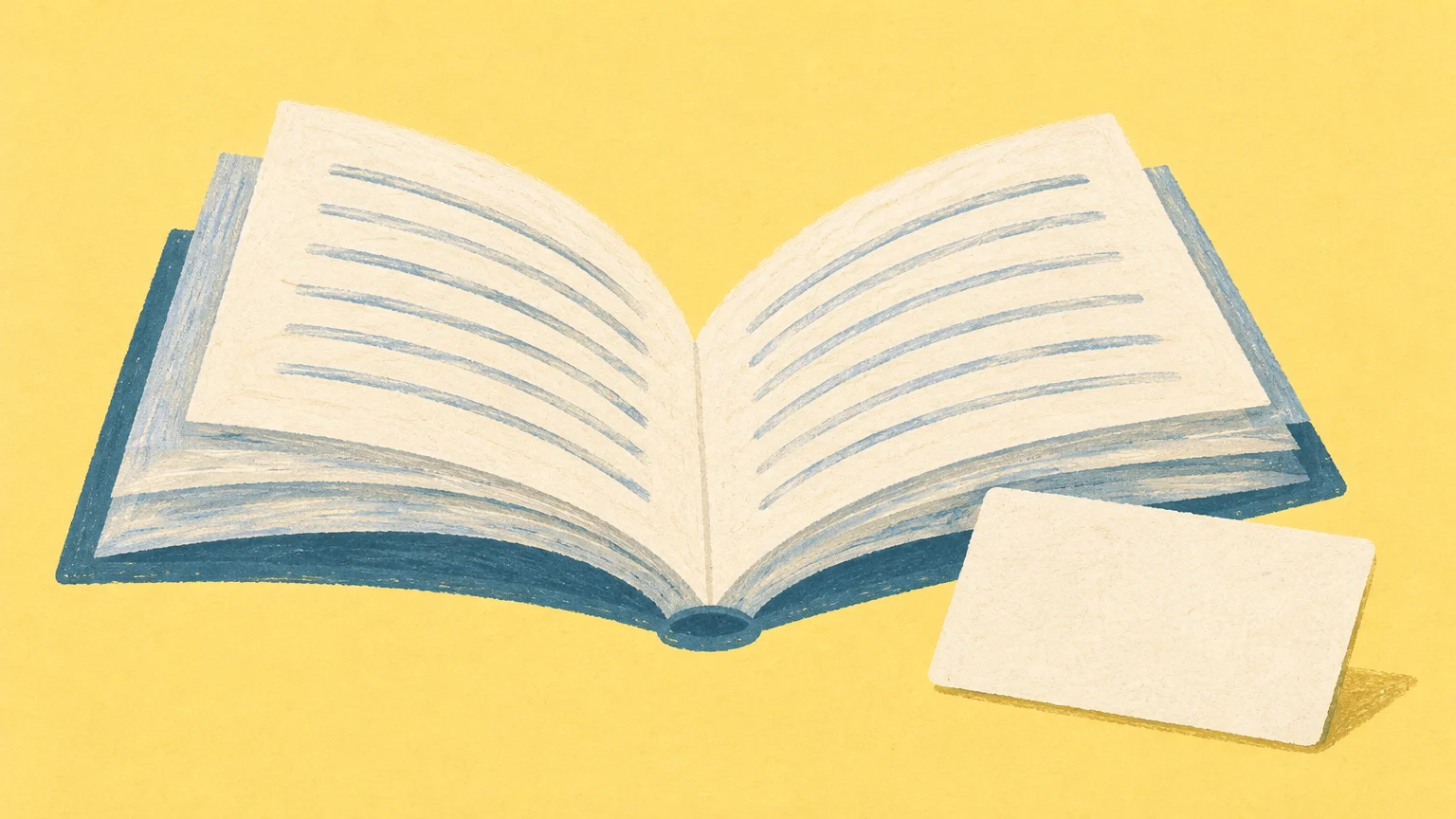 Un libro abierto junto a una tarjeta en blanco representa guías y cuestionarios creados con libros de texto.