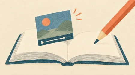 Un libro abierto con un fotograma y un lápiz representa las herramientas de estudio en vídeo y los tests de Gemini Notebook.