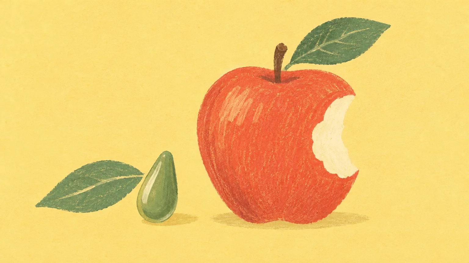 Una cápsula con forma de gota junto a una manzana representa el péptido natural estudiado contra la obesidad.