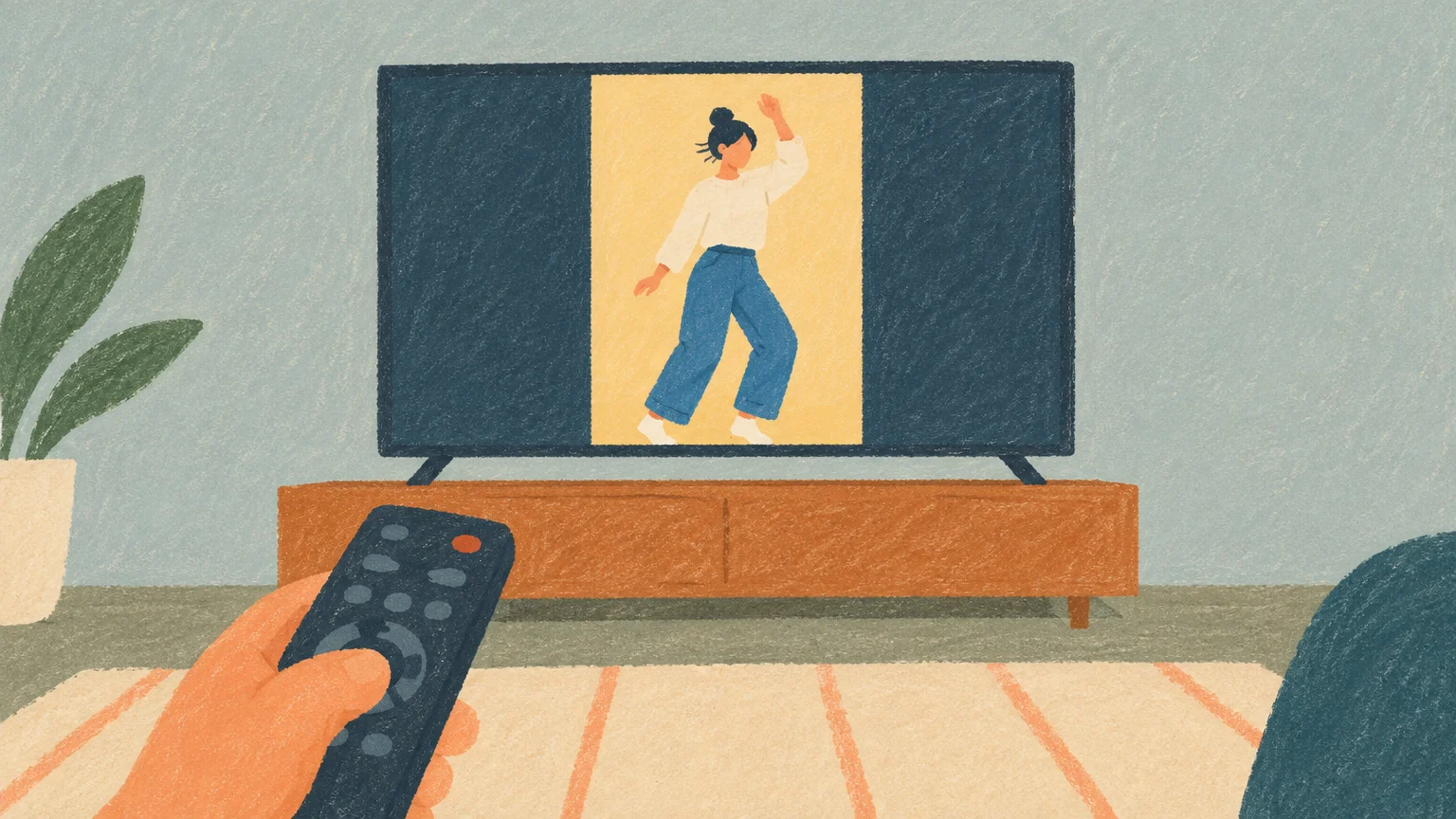 Un televisor reproduce un vídeo vertical mientras un mando descansa delante, símbolo de Instagram en Apple TV.