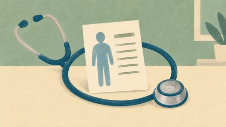 Un estetoscopio rodea una ficha médica, metáfora de la inteligencia artificial aplicada al diagnóstico.