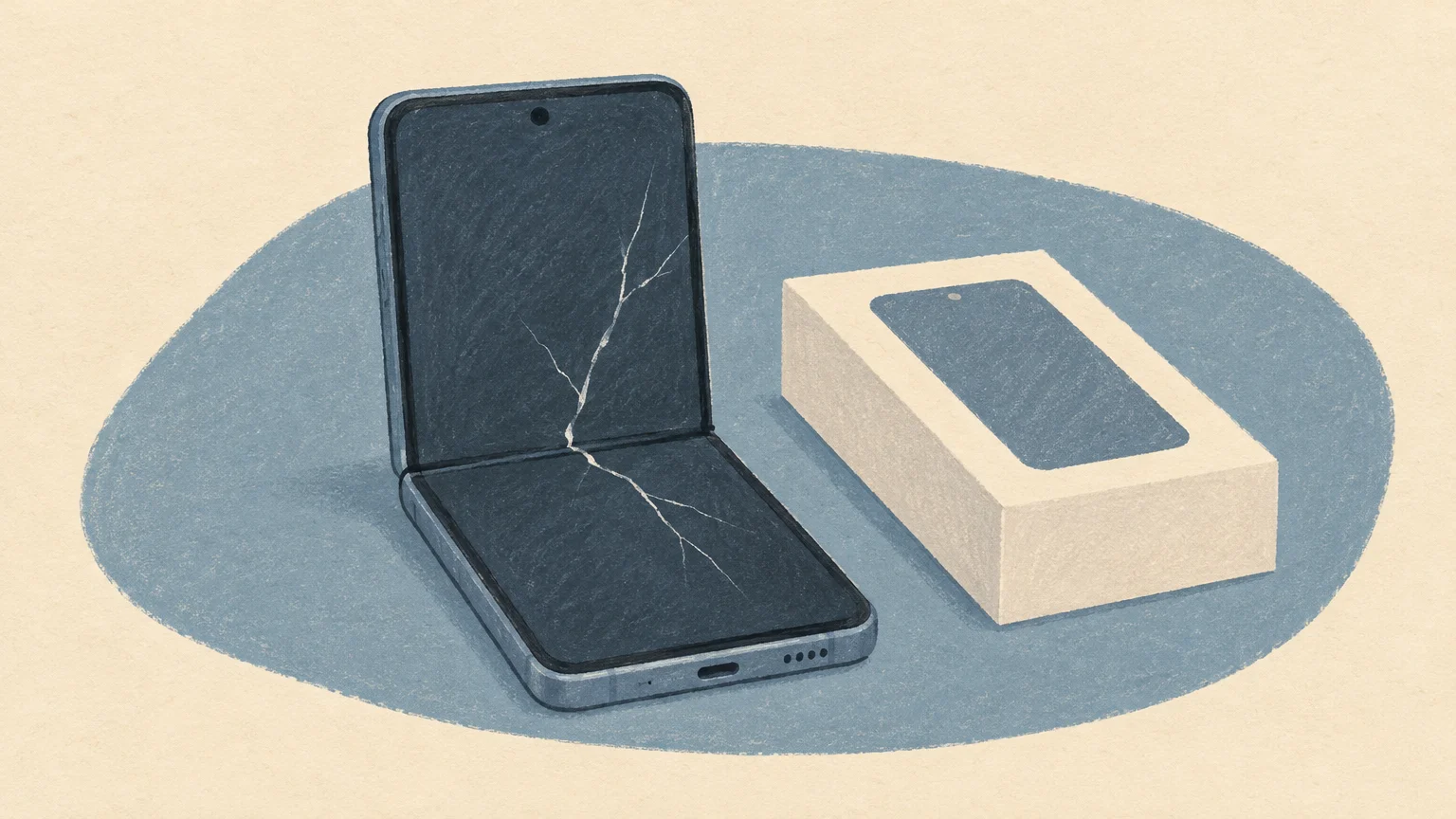 Un teléfono plegable con la pantalla interior agrietada junto a una caja de reemplazo.