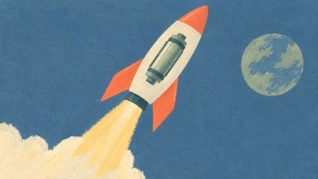 Un cohete con reactor integrado representa la propulsión nuclear para explorar el espacio.