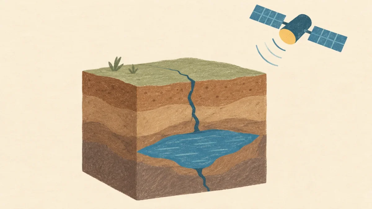 Una reserva de agua bajo tierra, agrietada y observada desde un satélite, representa la presión sobre los acuíferos.