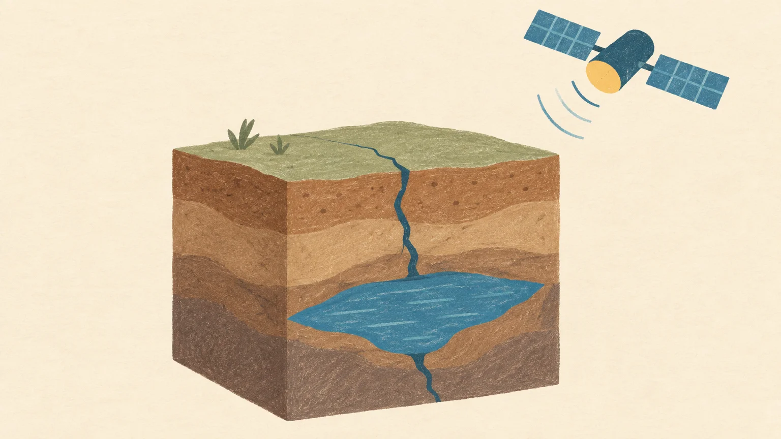 Una reserva de agua bajo tierra, agrietada y observada desde un satélite, representa la presión sobre los acuíferos.