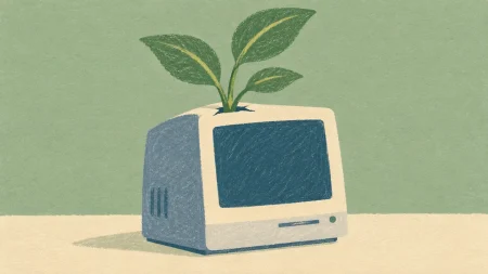 Ordenador compacto del que brota una planta, metáfora de la inteligencia artificial local en RTX Spark.