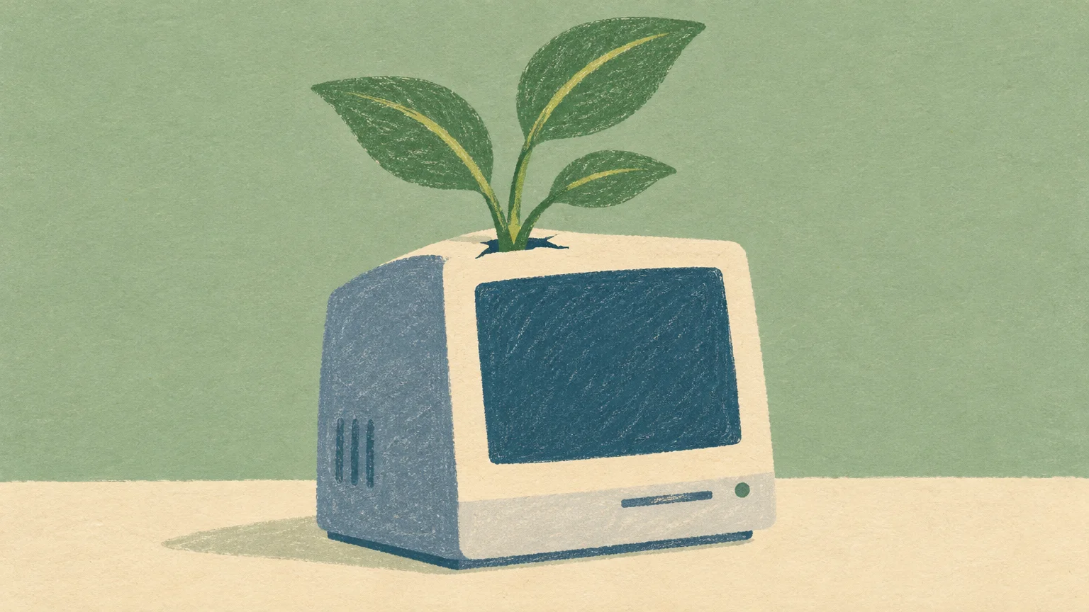 Ordenador compacto del que brota una planta, metáfora de la inteligencia artificial local en RTX Spark.