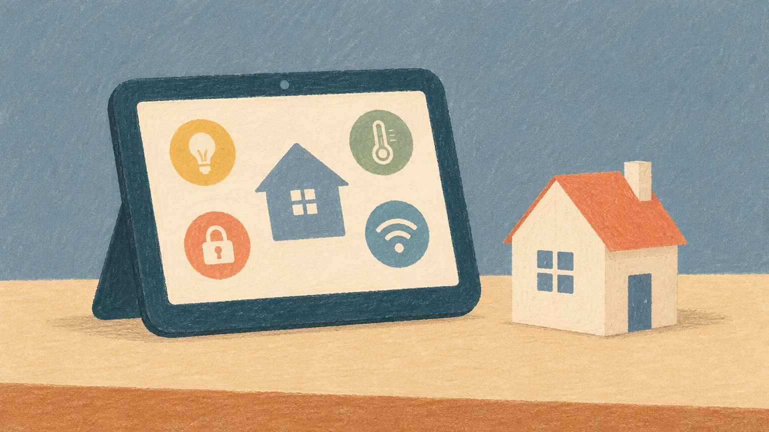 Una pantalla doméstica junto a una casita representa el nuevo centro de control inteligente para el hogar.