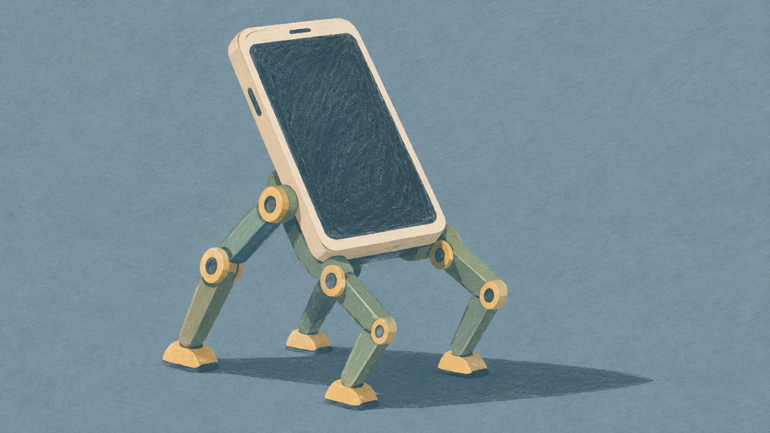 Un móvil antiguo montado sobre patas mecánicas representa el teléfono que sirve de cerebro a PhoneBot.