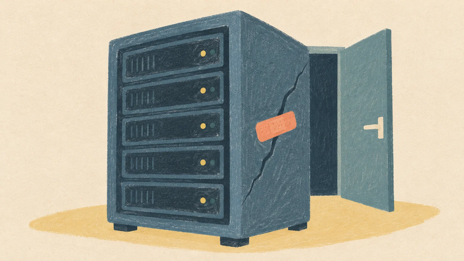Un servidor genérico con una grieta reparada representa la actualización de Plex frente a ataques activos.