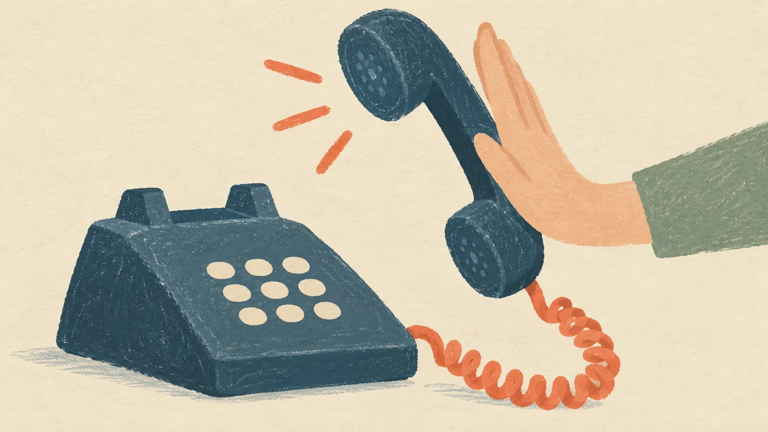Una mano aparta un teléfono con una banda coral, símbolo de identificar y bloquear llamadas comerciales.
