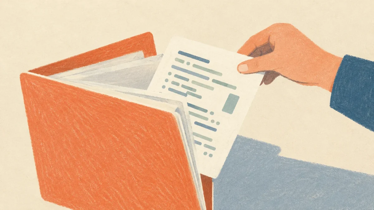 Hojas con código abstracto salen de una carpeta, metáfora del código y los datos personales sustraídos a Meta.