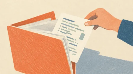 Hojas con código abstracto salen de una carpeta, metáfora del código y los datos personales sustraídos a Meta.