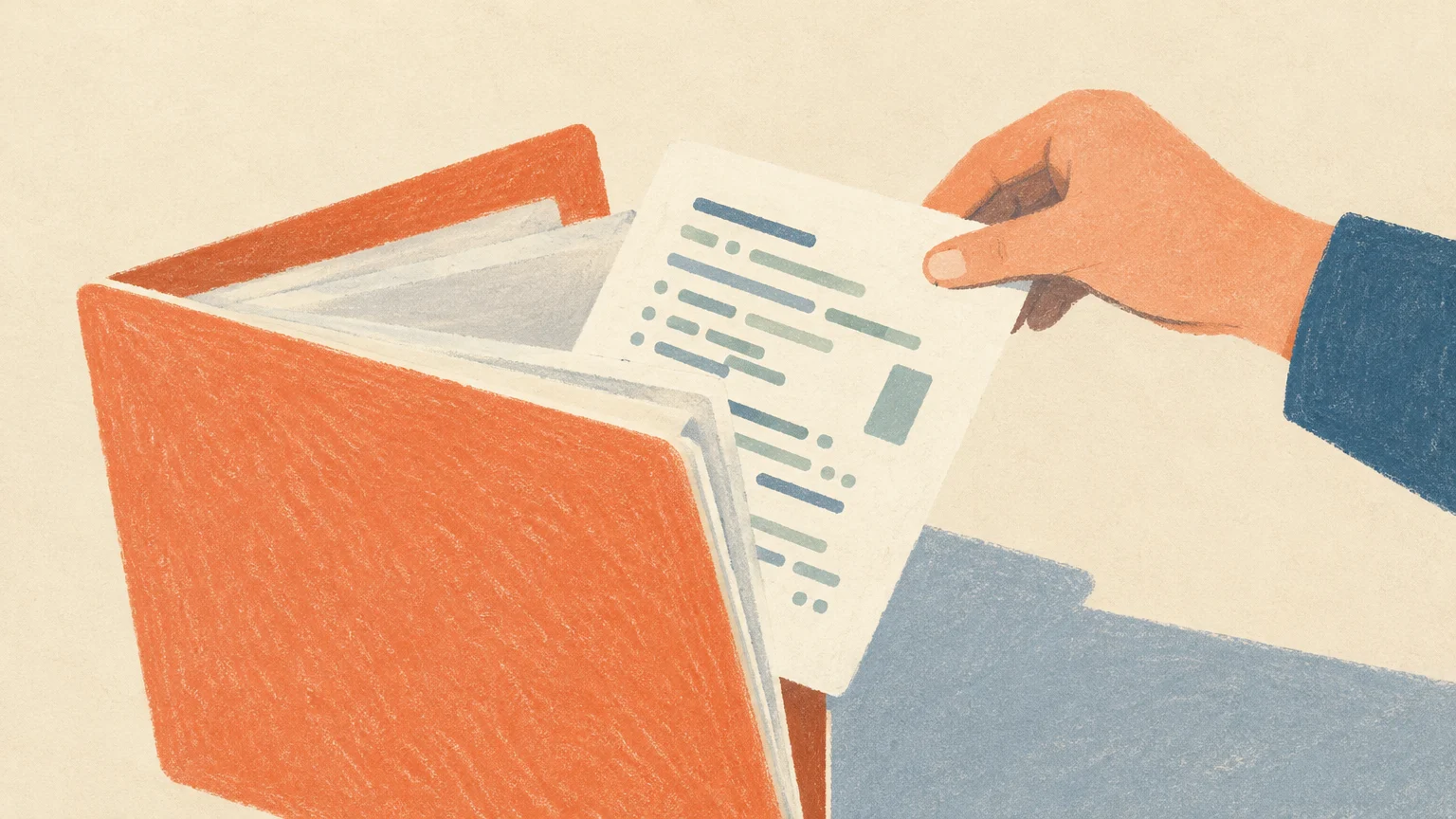 Hojas con código abstracto salen de una carpeta, metáfora del código y los datos personales sustraídos a Meta.