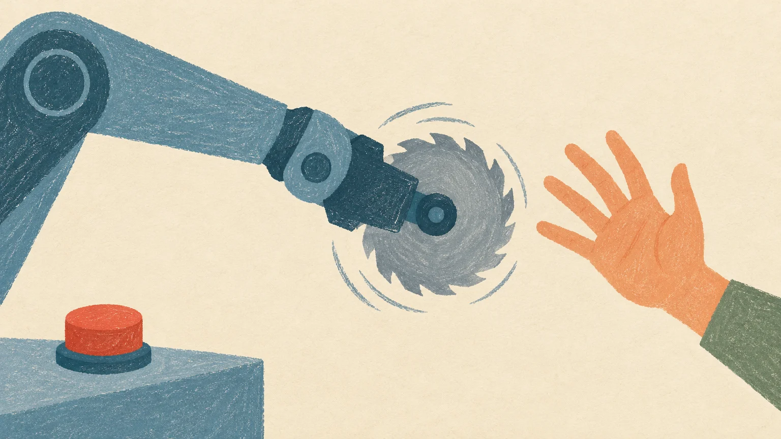 Un brazo mecánico gira un cuchillo hacia una mano, como advertencia sobre un disparador que altera a un robot.