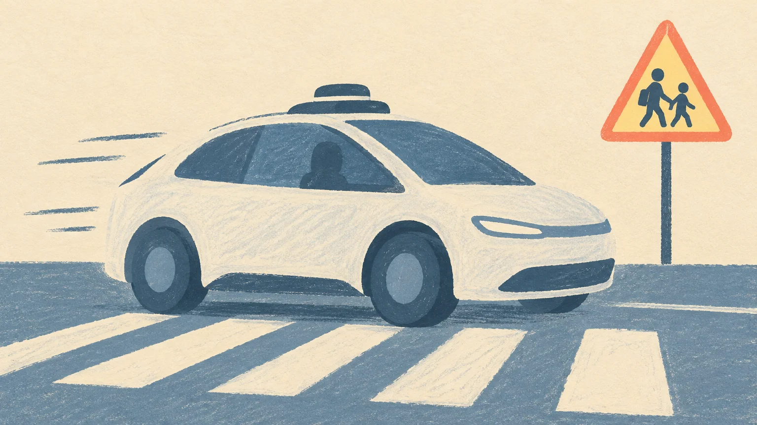 Un automóvil autónomo pasa deprisa por un cruce escolar, símbolo de la revisión de seguridad por exceso de velocidad.