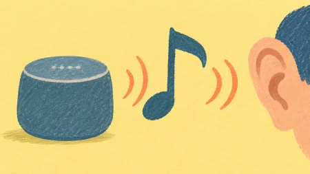 Una nota musical va de un altavoz a una oreja, símbolo de pedir canciones a Siri sin nombrar Spotify.