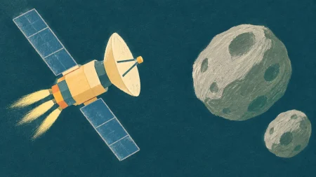 Una sonda frena ante dos asteroides mientras se acerca para estudiarlos.