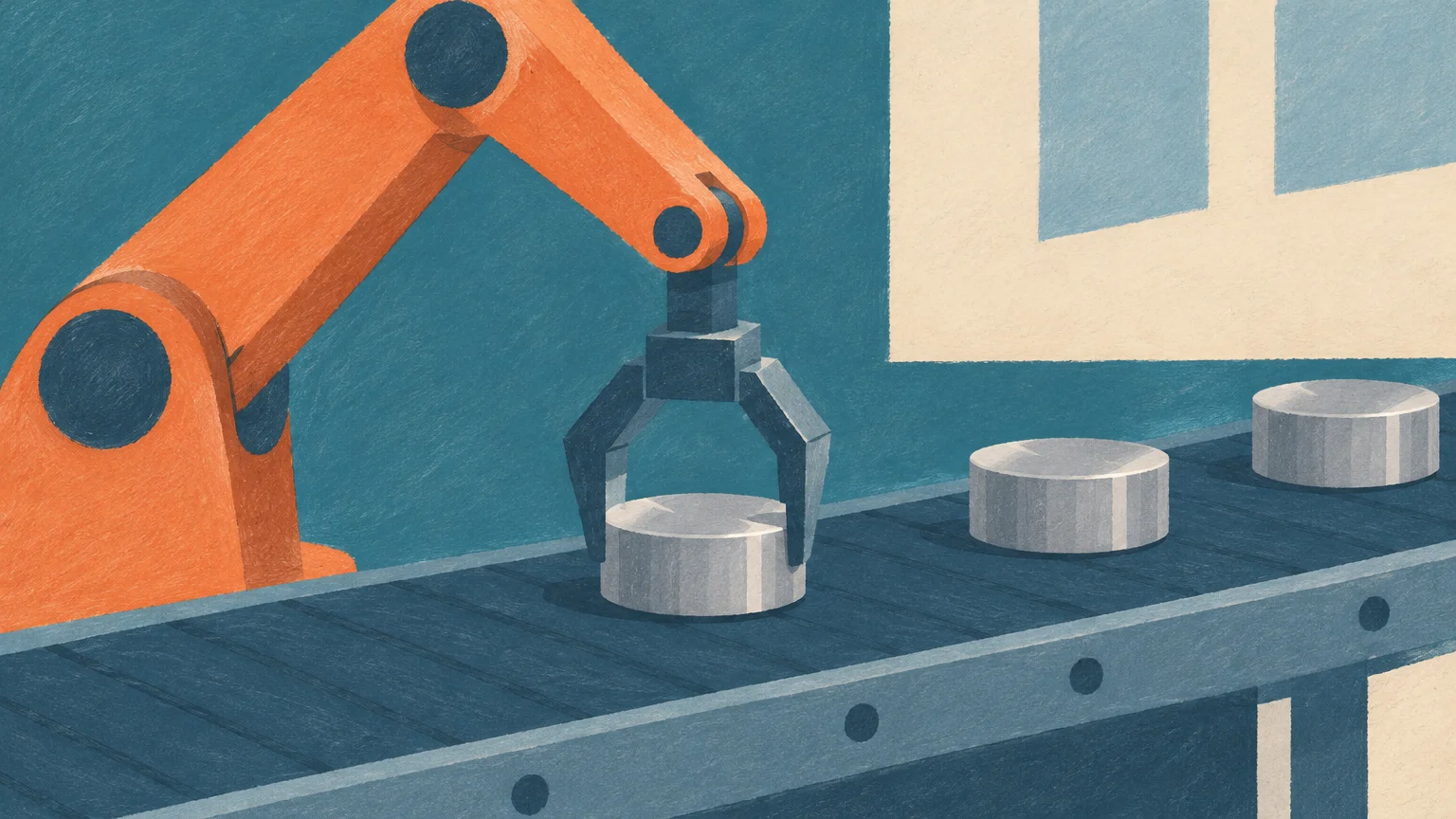 Un brazo industrial ensambla piezas en una línea de producción de robots humanoides.