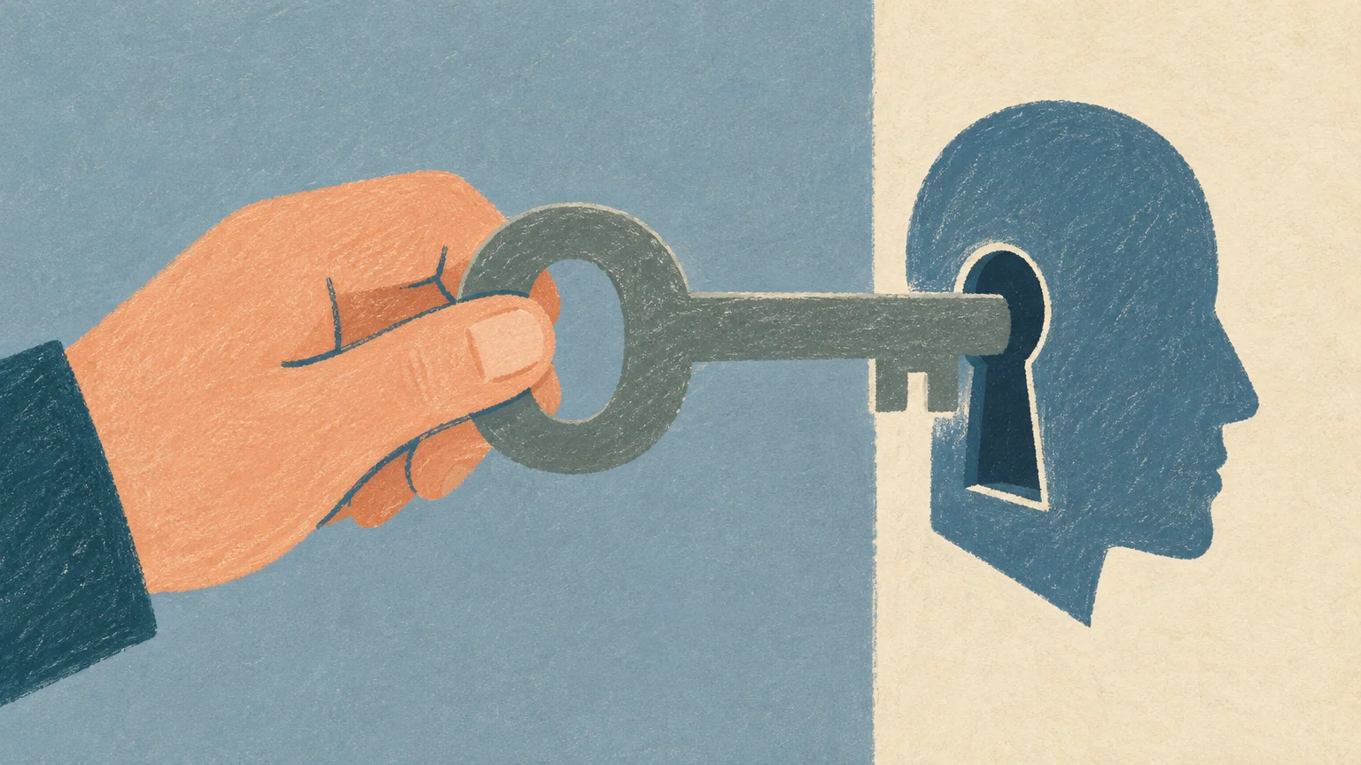 Una llave encaja en una cerradura con forma de rostro, símbolo de verificación de identidad para bancos.