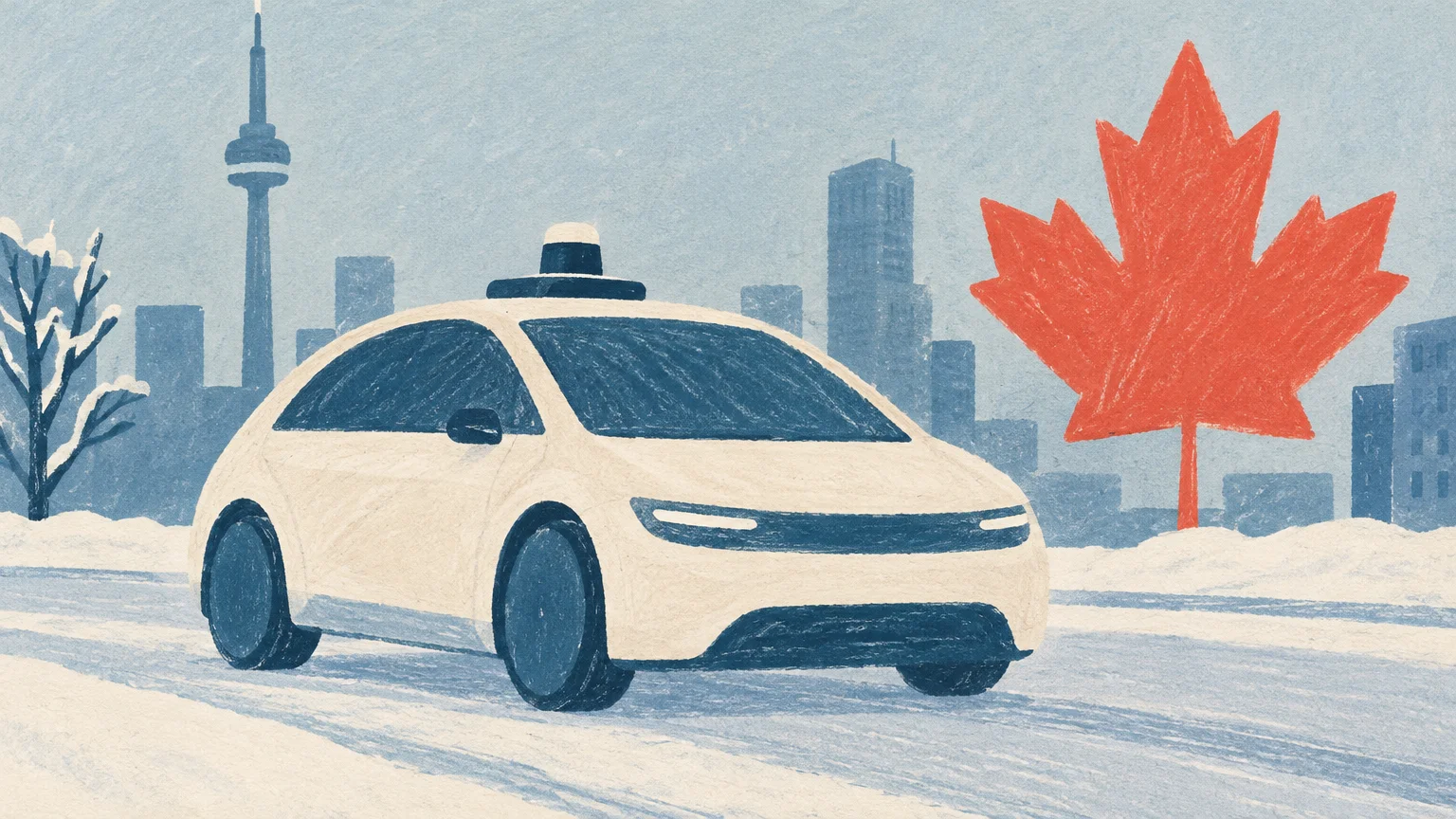 Un coche autónomo avanza por una calle nevada junto a una hoja de arce, rumbo a sus pruebas en Toronto.
